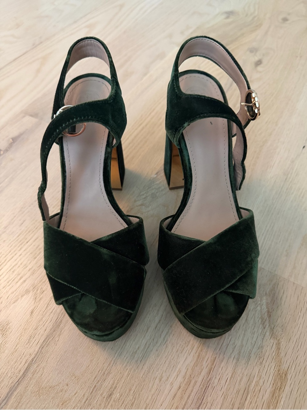 Tory Burch Forest Green Velvet Crisscross Block Heel Sandals
